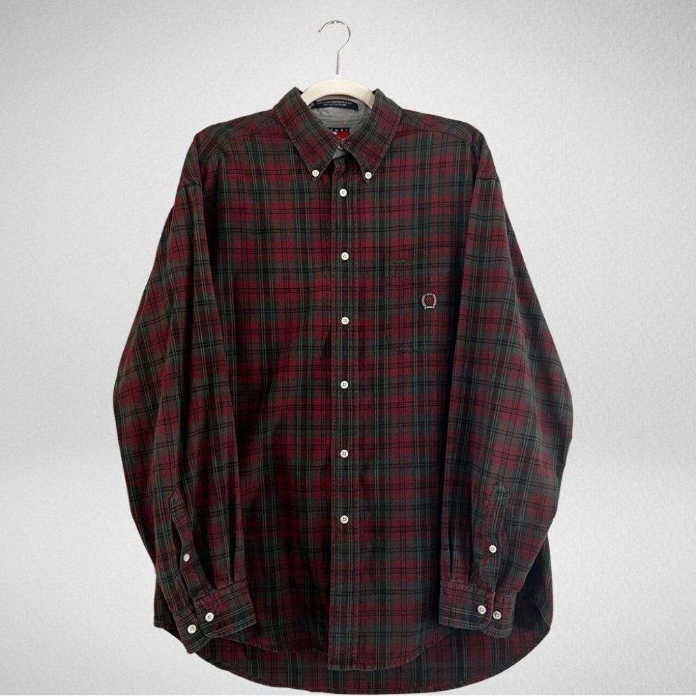 Tommy Hilfiger Men's Plaid Button Down Shirt Red and Green Size Large